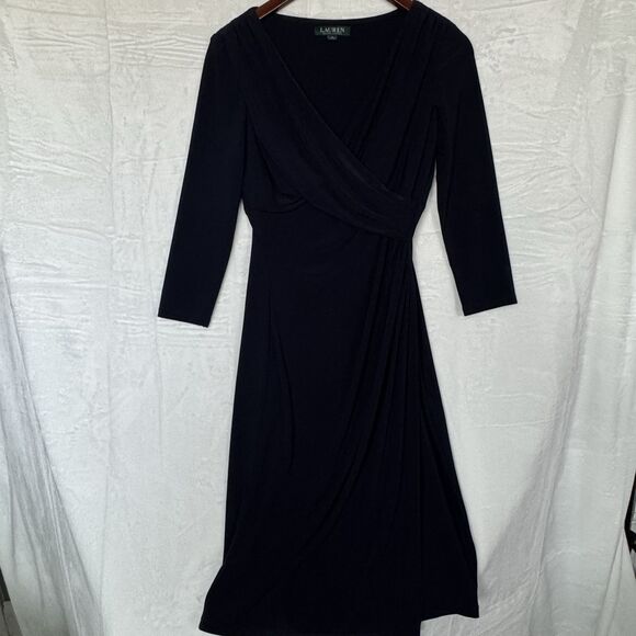 Lauren Ralph Lauren Elegant Faux Wrap Ruched Waist Midi Dress M Slinky Sz 2 - Picture 1 of 9